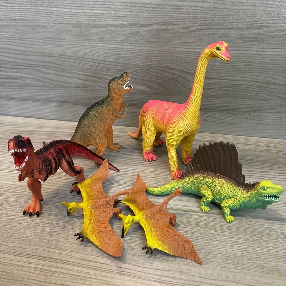 Vintage Dinosaur Figure Lot 6pc Imperial 1985 Brontosaurus & T-Rex Pterodactyl
